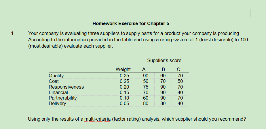 Homework Exercise for Chapter 5 1. Your company is evaluating three