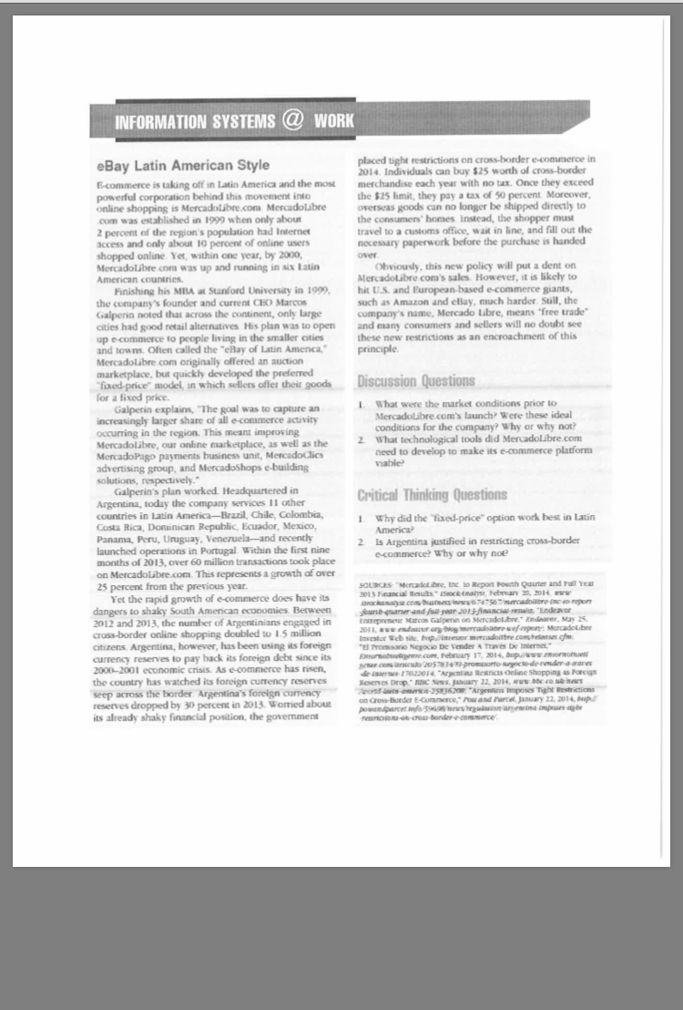 Answer the questions... INFORMATION SYSTEMS @ WORK eBay Latin American Style placed