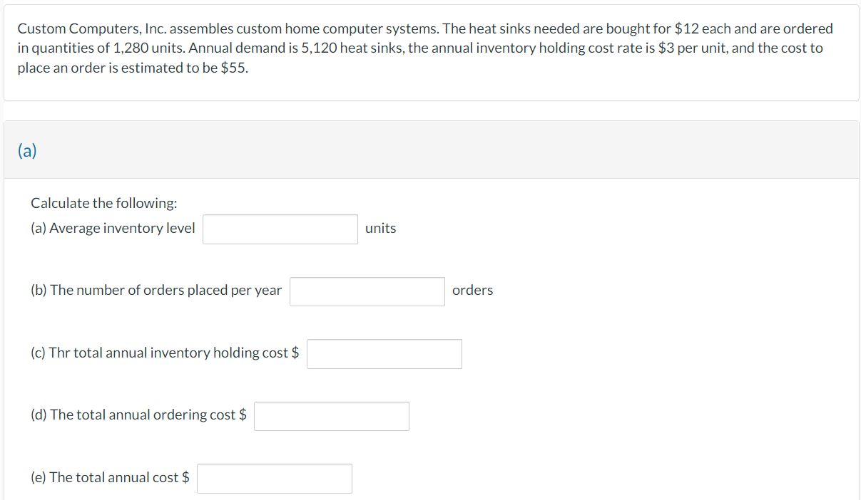 Custom Computers, Inc. assembles custom home computer systems. The heat sinks