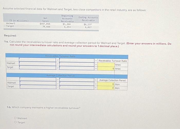  Assume selected financial data for Walmart and Target, two close competitors