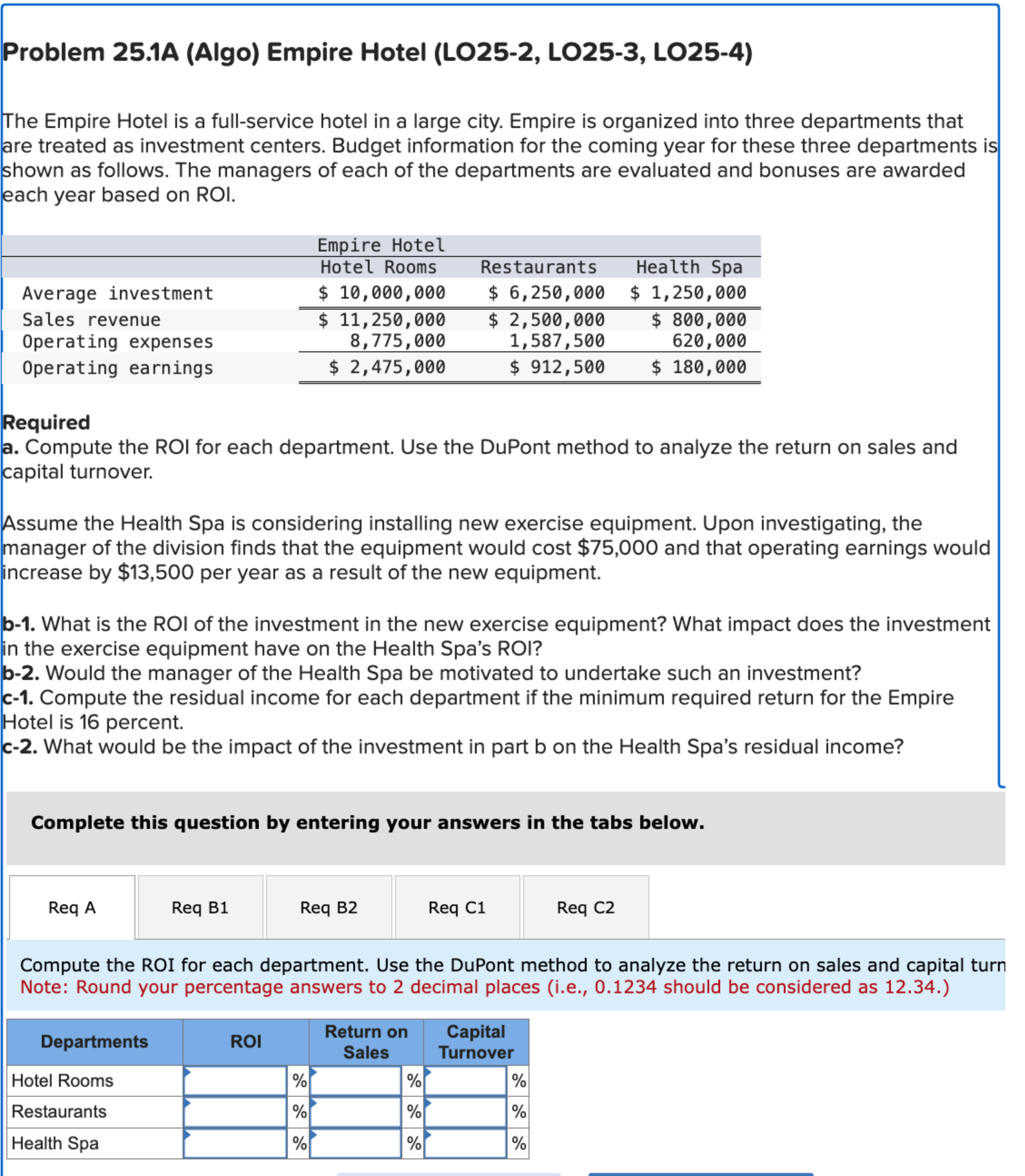  Problem 25.1A (Algo) Empire Hotel (LO25-2, LO25-3, LO25-4) The Empire Hotel