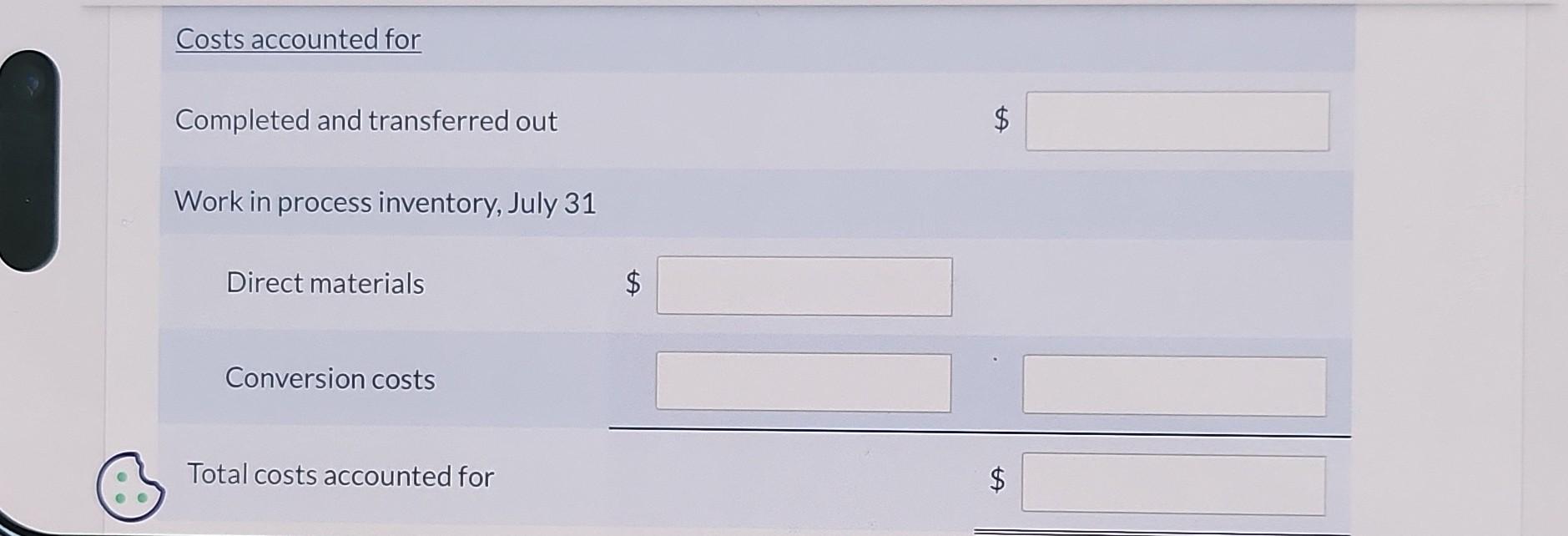 The equivalent units of production for materials and conversion costs Calculate the