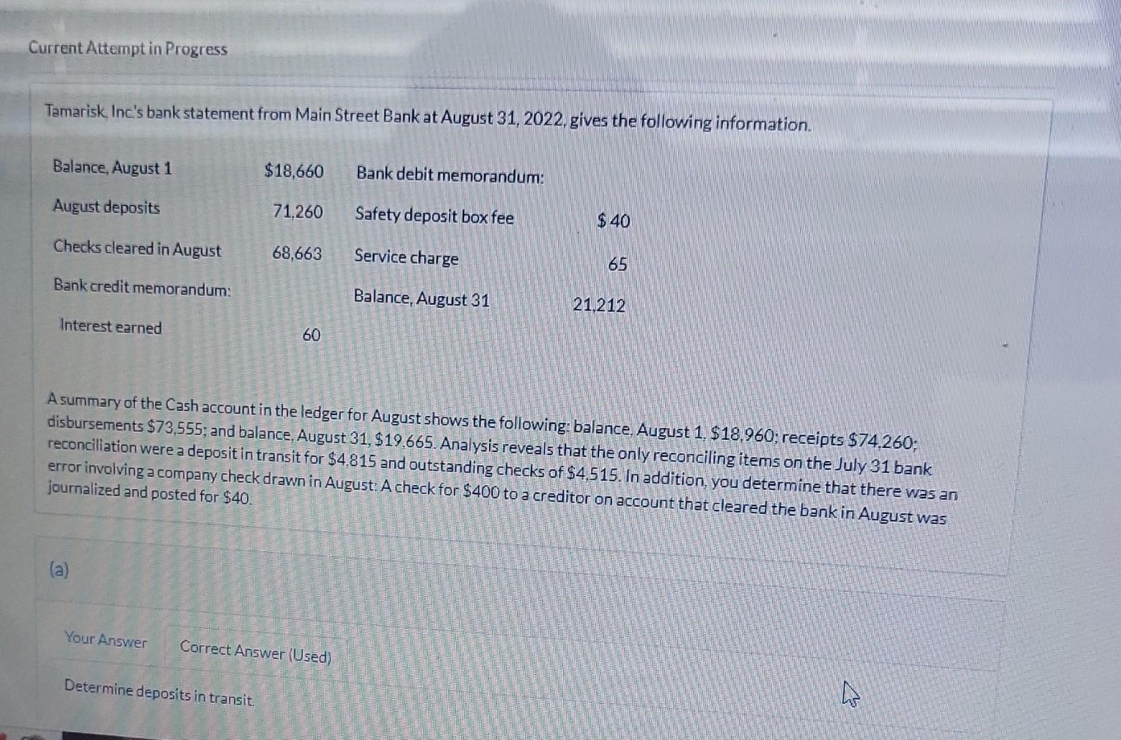 Current Attempt in Progress Tamarisk, Inc's bank statement from Main Street