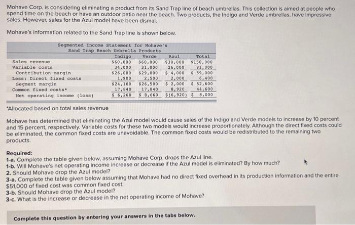 please help:) thank you! Mohave Corp. is considering eliminating a product