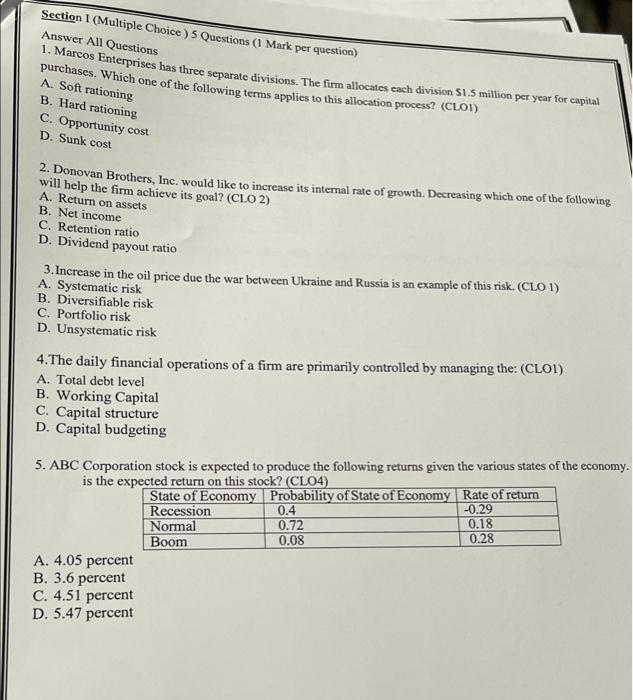  Section 1 (Multiple Choice ) 5 Questions (1 Mark per question)
