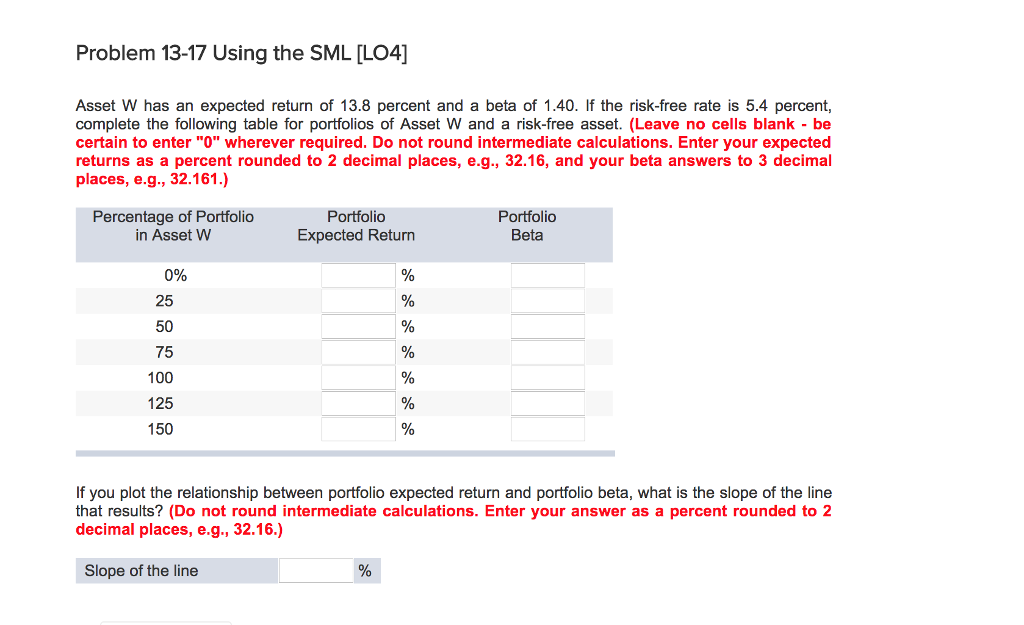  Problem 13-17 Using the SML [LO4] Asset W has an expected