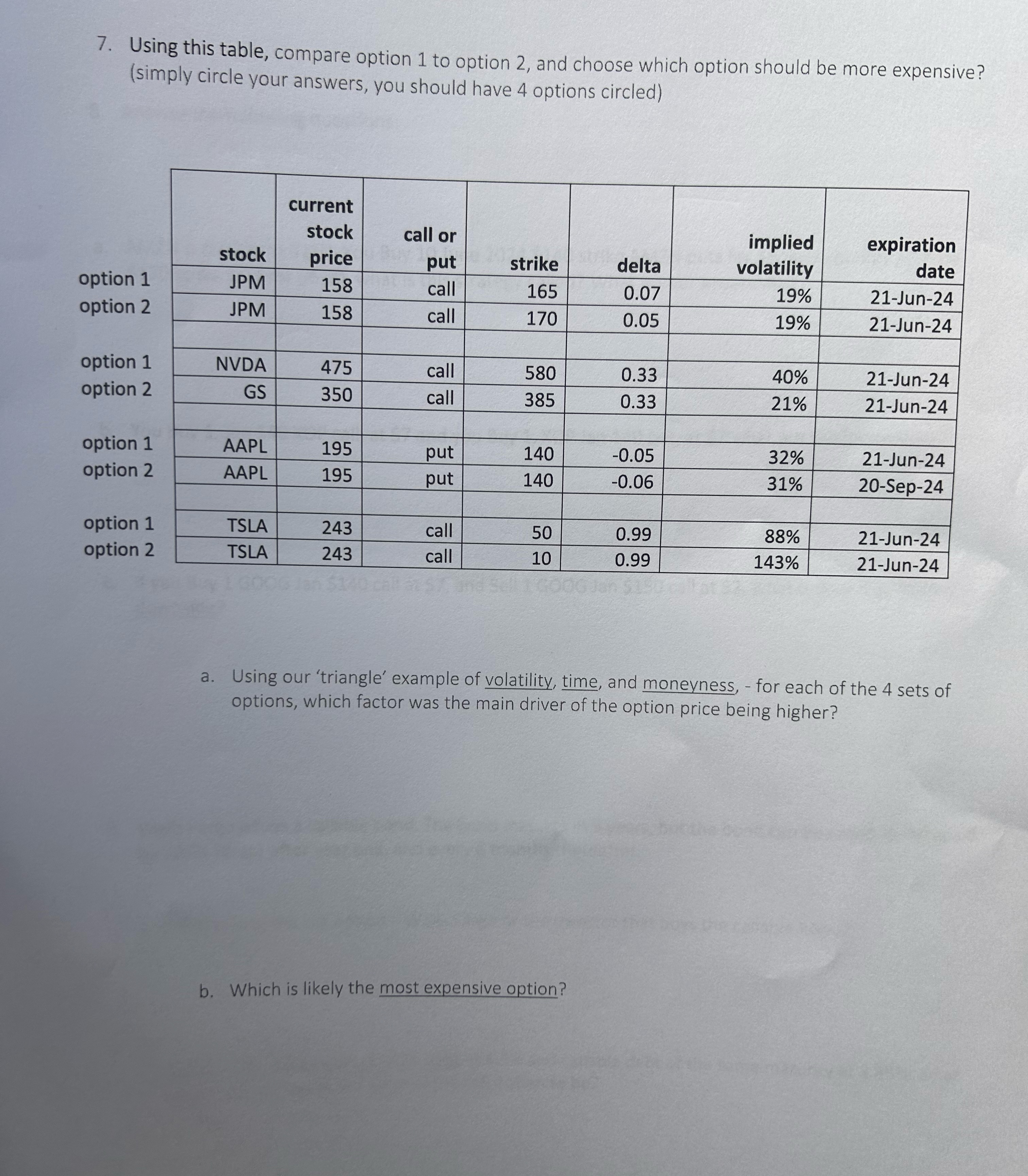  Using this table, compare option 1 to option 2, and choose