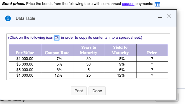  Bond prices. Price the bonds from the following table with semiannual
