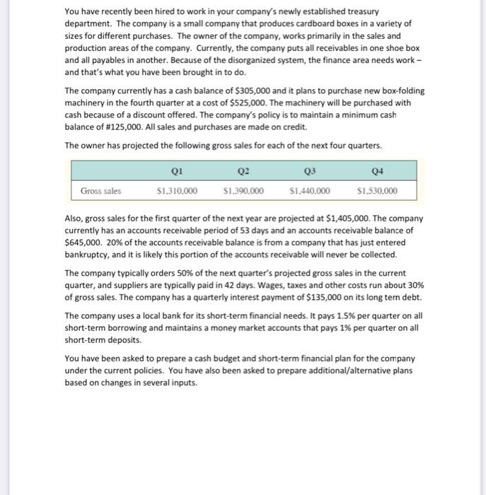 Put the answer in the provided excel worksheet You have recently been