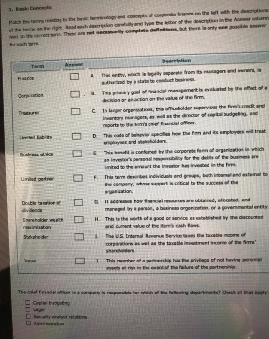  1. Basic Concepts Match the terms relating to the basic terminology