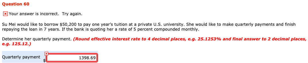  Question 60 x Your answer is incorrect. Try again. Su Mei