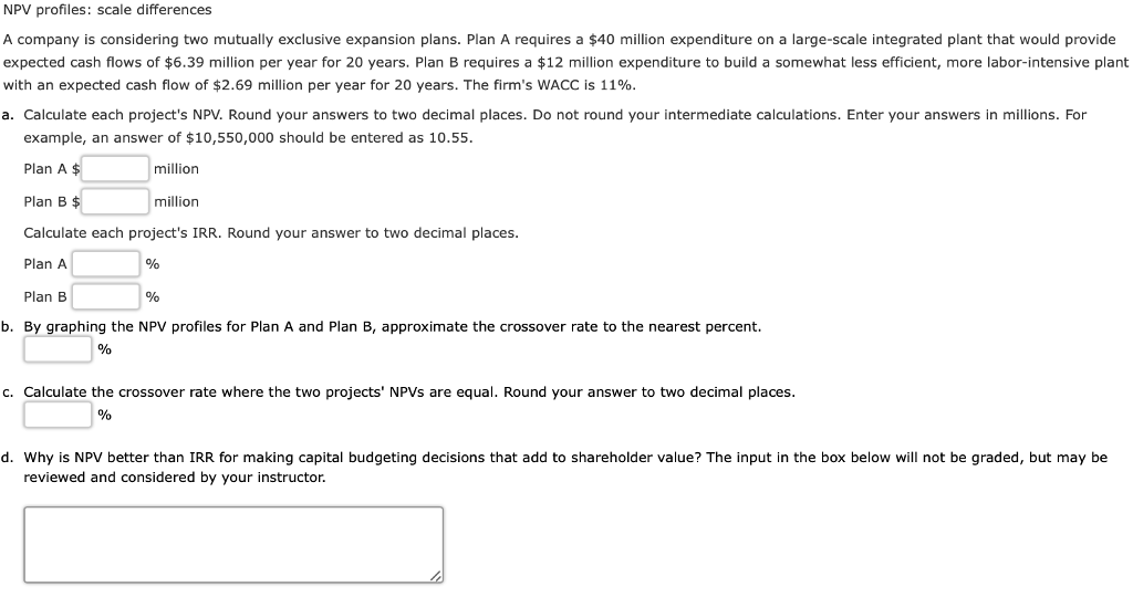  NPV profiles: scale differences A company is considering two mutually exclusive