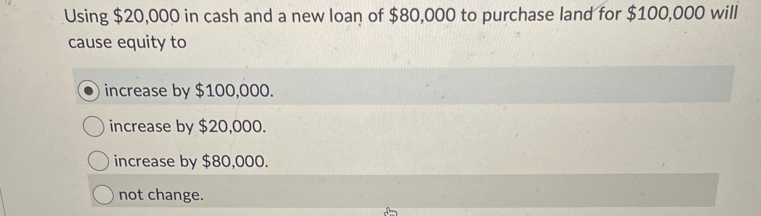  Using $20,000 in cash and a new loan of $80,000 to