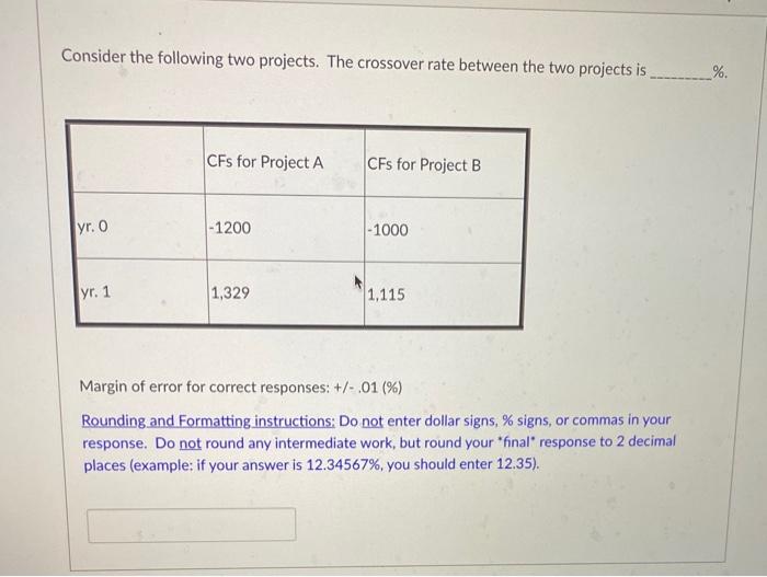  Consider the following two projects. The crossover rate between the two