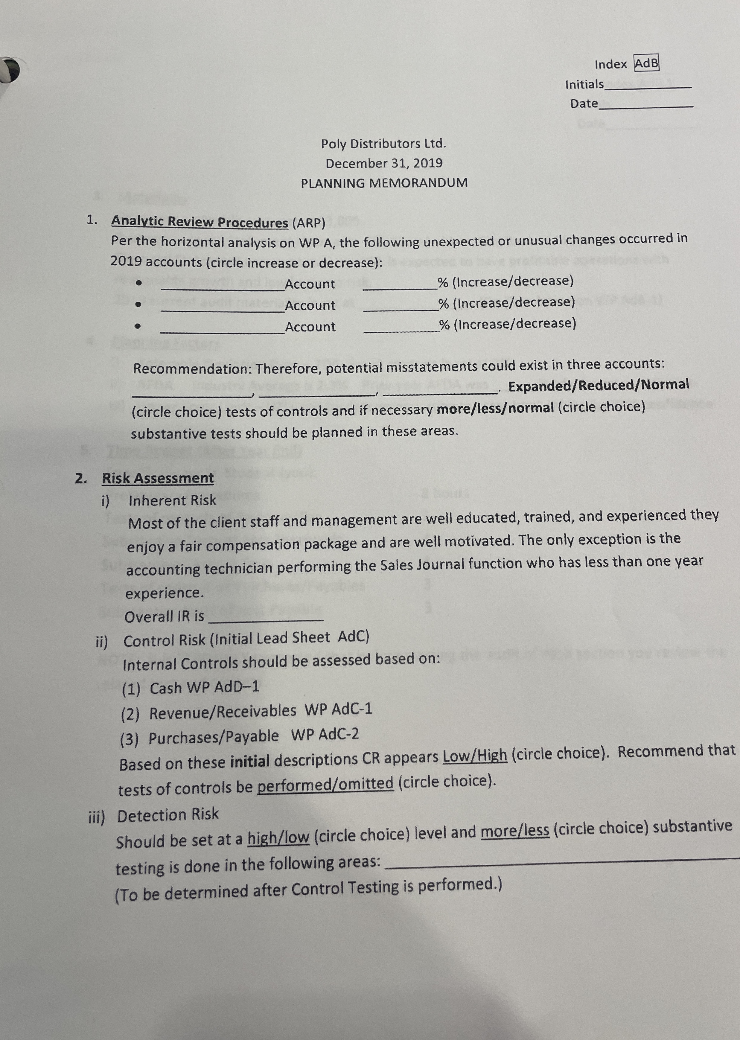  Poly Distributors Ltd. December 31,2019 PLANNING MEMORANDUM Analytic Review Procedures (ARP)
