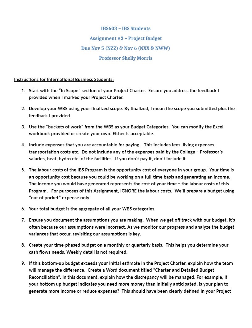  IBS603 - IBS Students Assignment #2 - Project Budget Due Nov