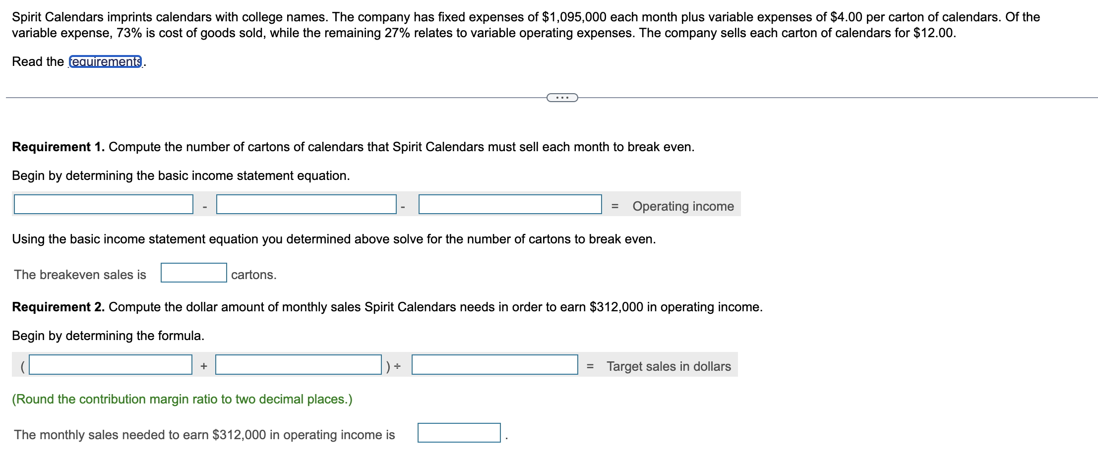 number of cartons of calendars that Spirit Calendars must sell each month