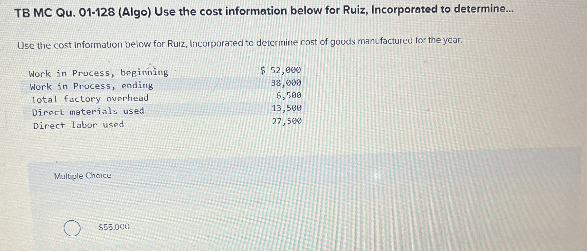  TB MC Qu.01-128(Algo) Use the cost information below for Ruiz, Incorporated