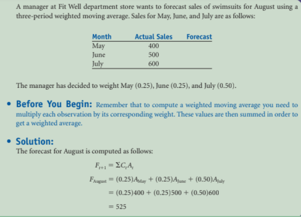 Make your own example of problems and solution for the WEIGHTED MOVING