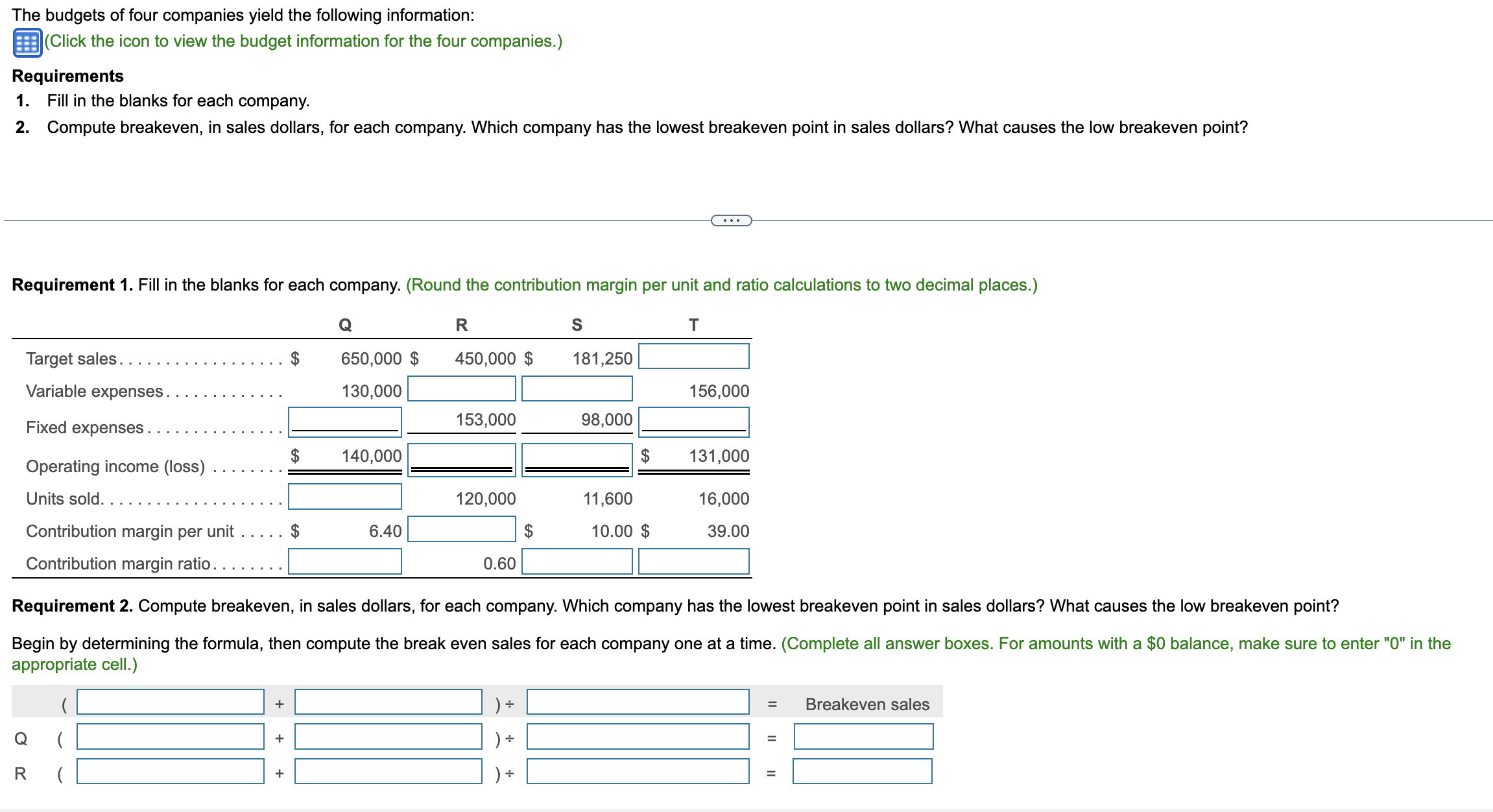 of four companies yield the following information: (Click the icon to view
