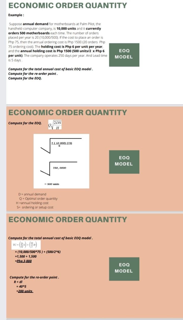 (Total Annual Cost, Reorder Point).Formula: R = dl R = reorder point