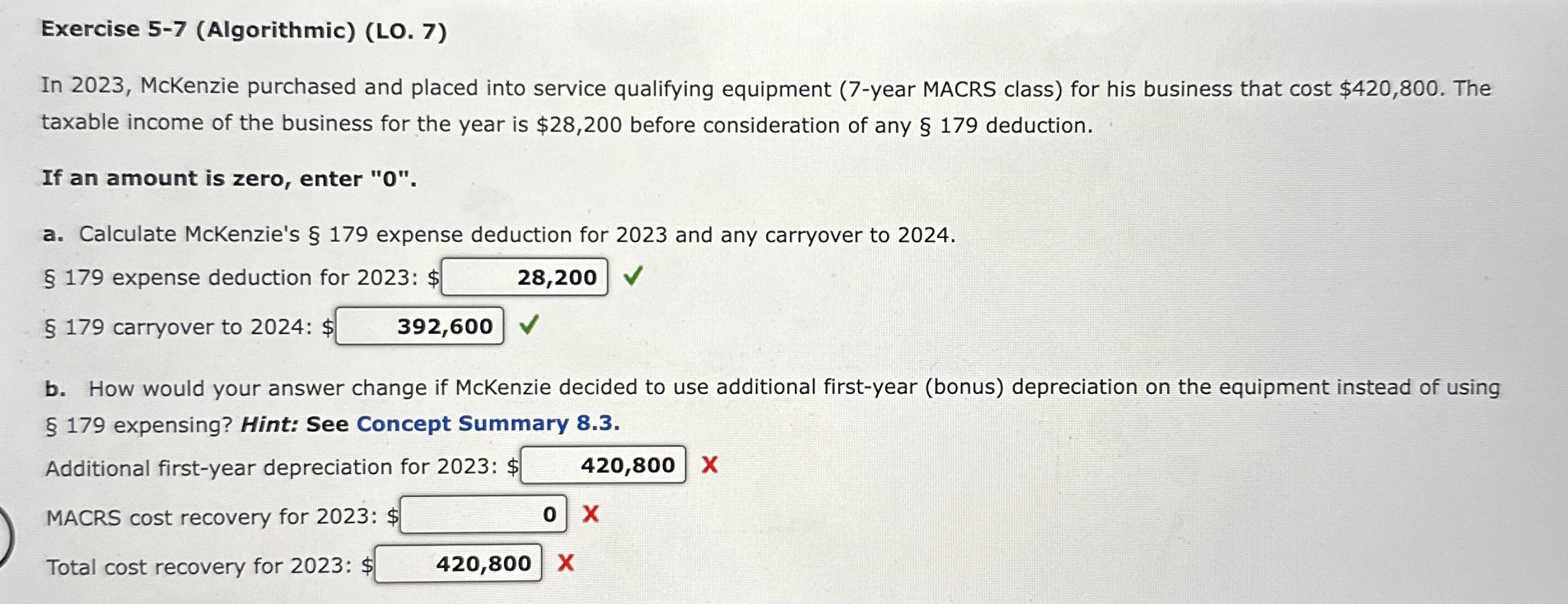  Exercise 5-7(Algorithmic)(LO.7) In 2023, McKenzie purchased and placed into service qualifying