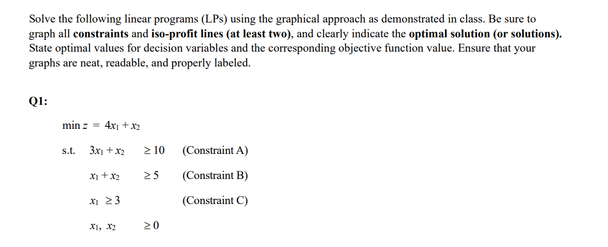 Solve the following linear programs (LPs) using the graphical approach as