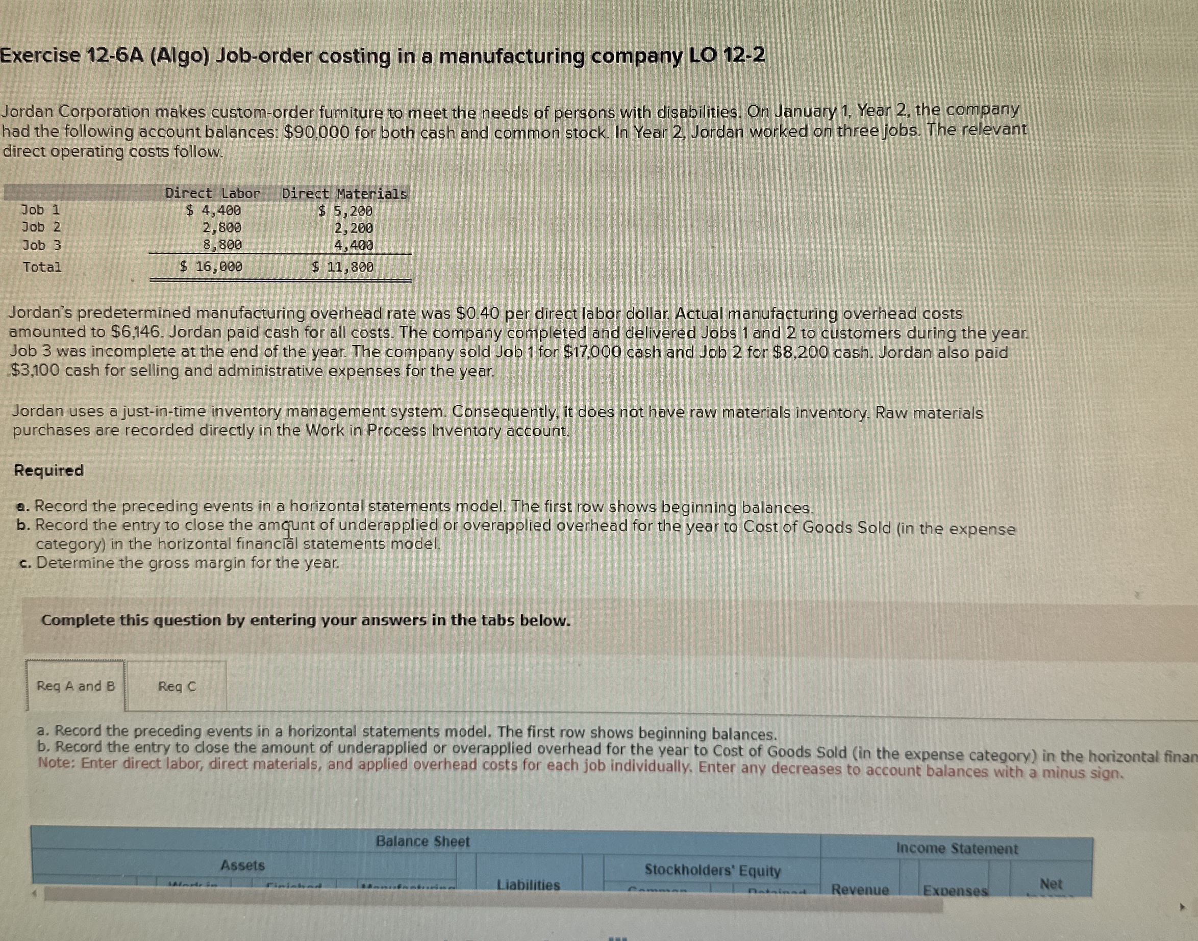  Exercise 12-6A (Algo) Job-order costing in a manufacturing company LO 12-2