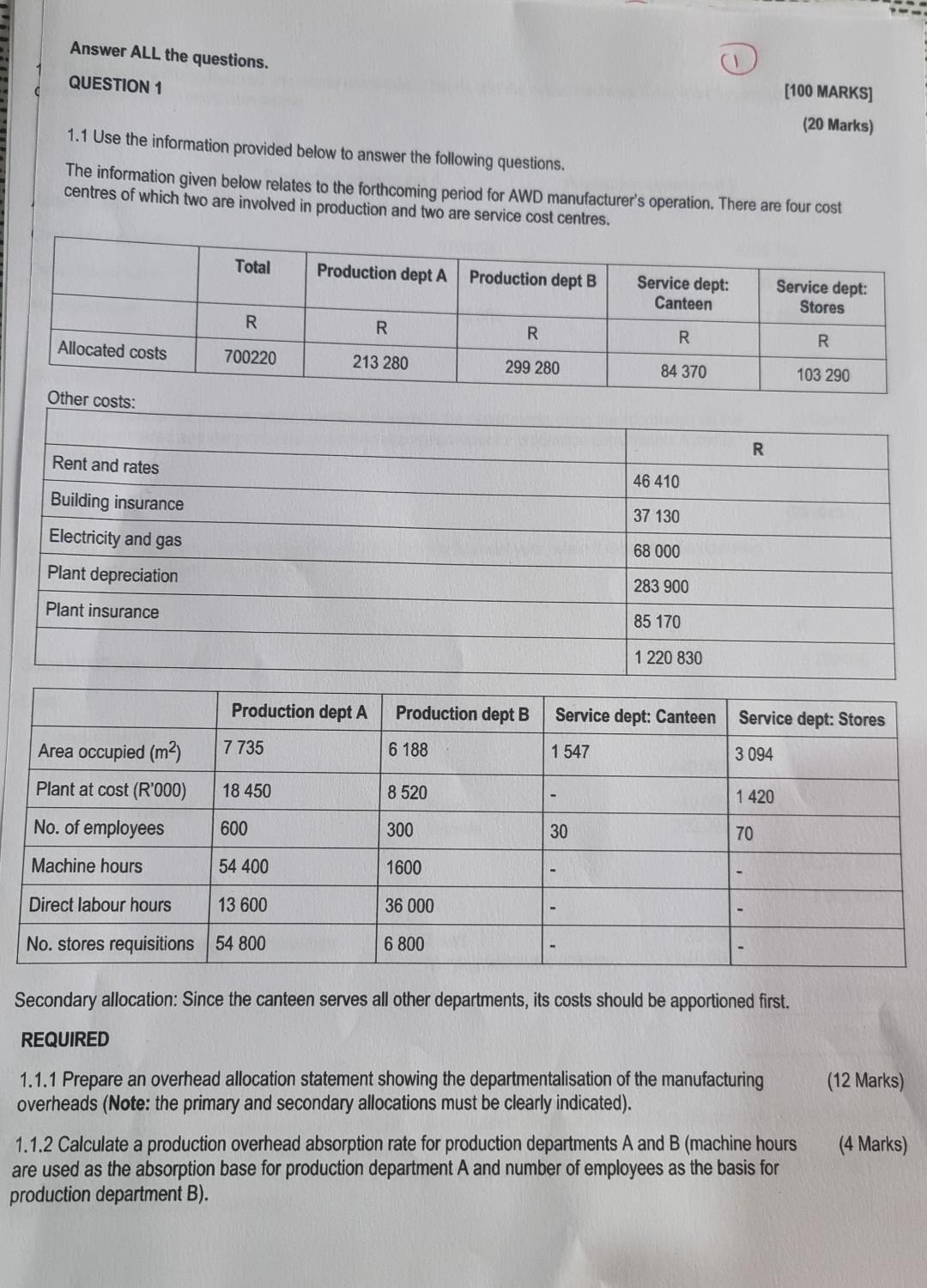  QUESTION 1 [100 MARKS] 1.1 Use the information provided below to