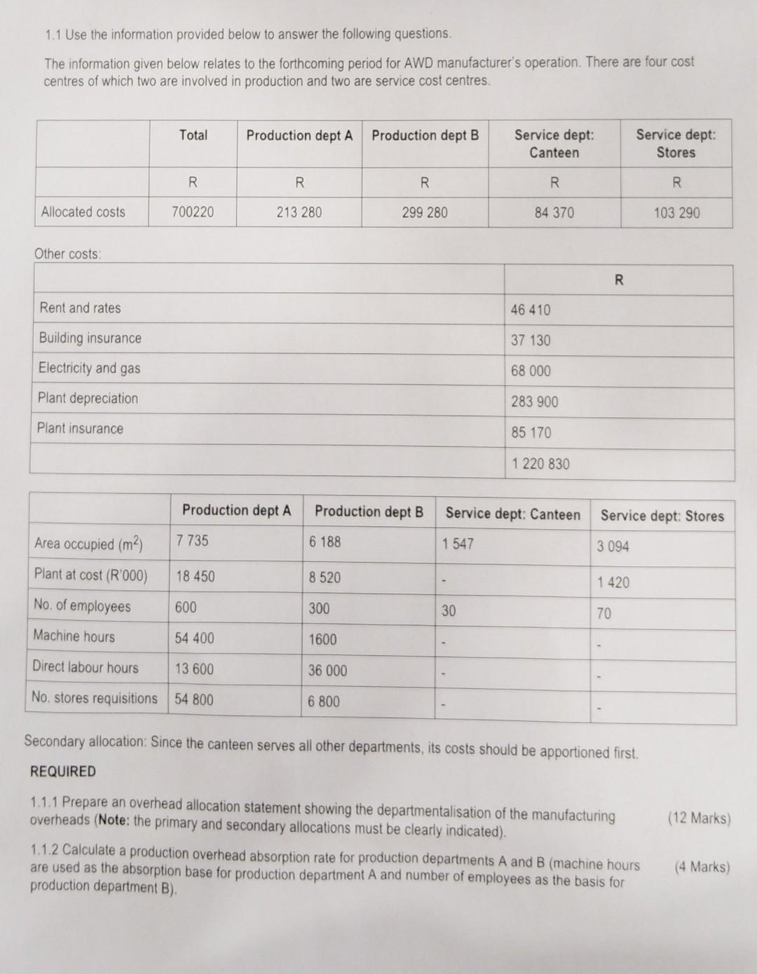 1.1 Use the information provided below to answer the following questions.