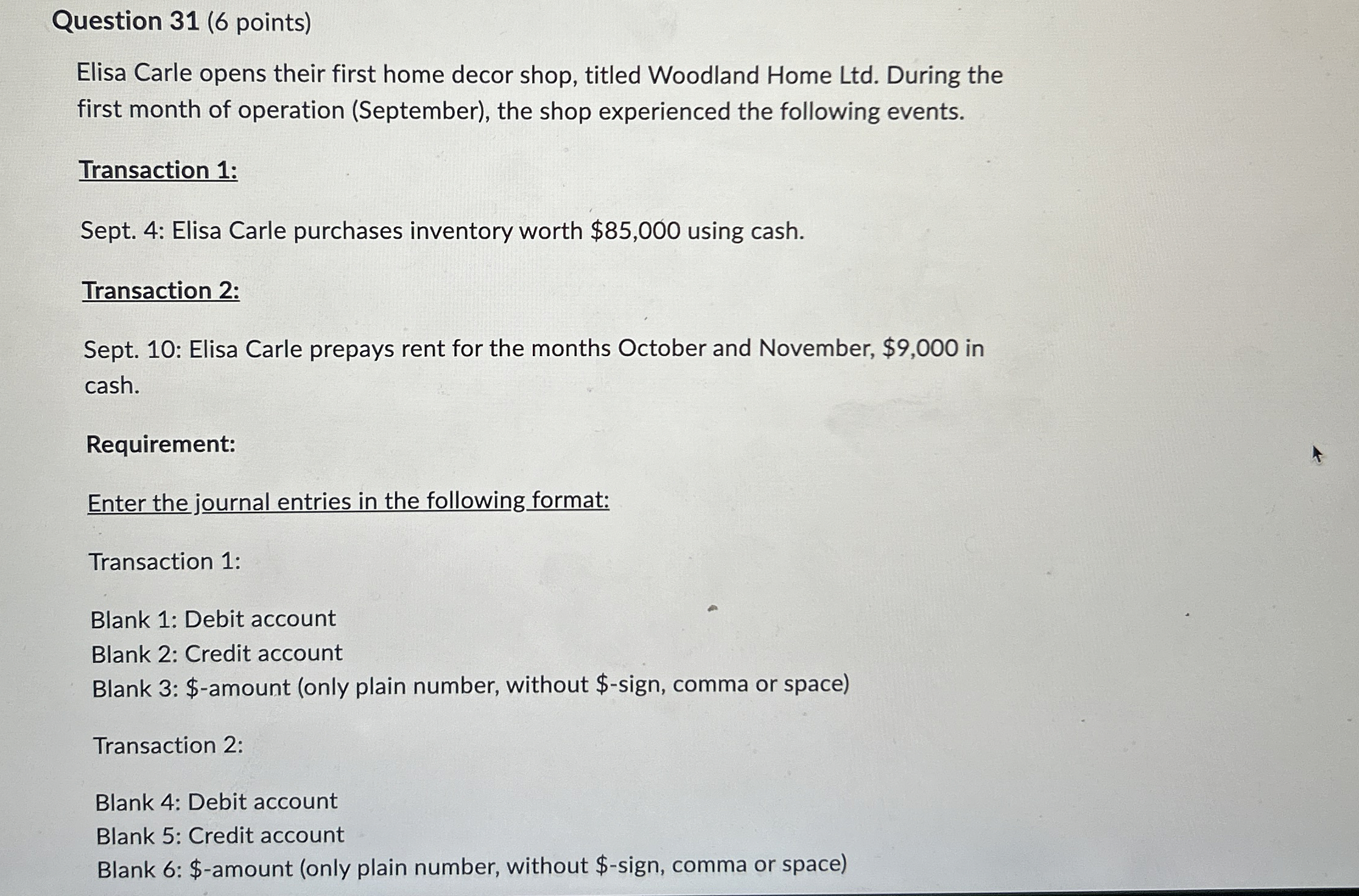  Question 31(6 points) Elisa Carle opens their first home decor shop,