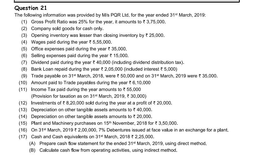 Flow Statement of Gagan Ltd. as per AS-3 for the year ended