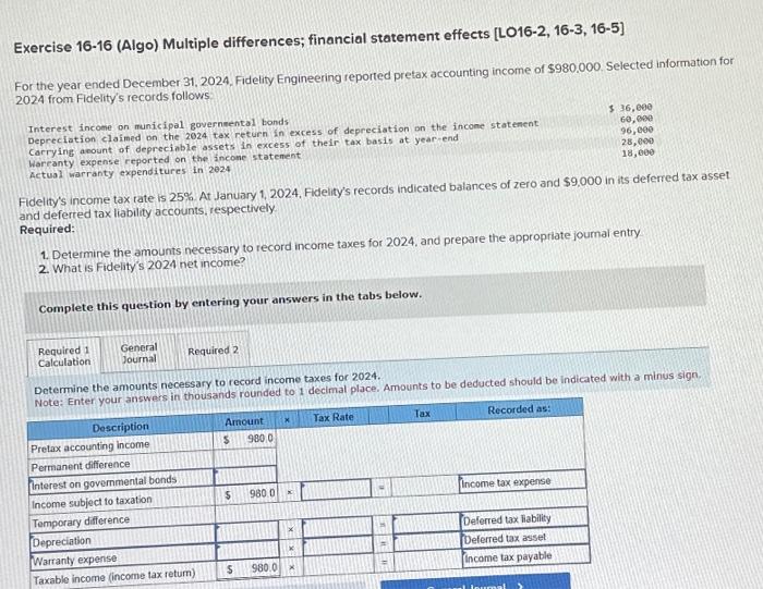  Exercise 16-16 (Algo) Multiple differences; financial statement effects [LO16-2, 16-3, 16-5]