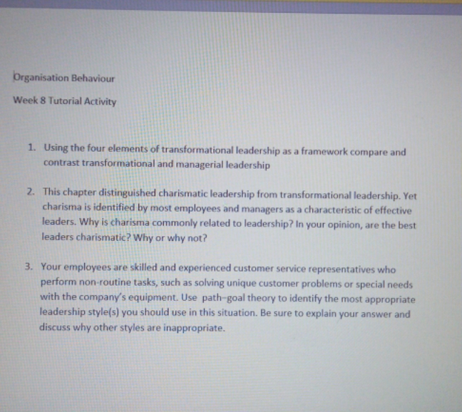 please do it as soon as possible Organisation Behaviour Week 8 Tutorial