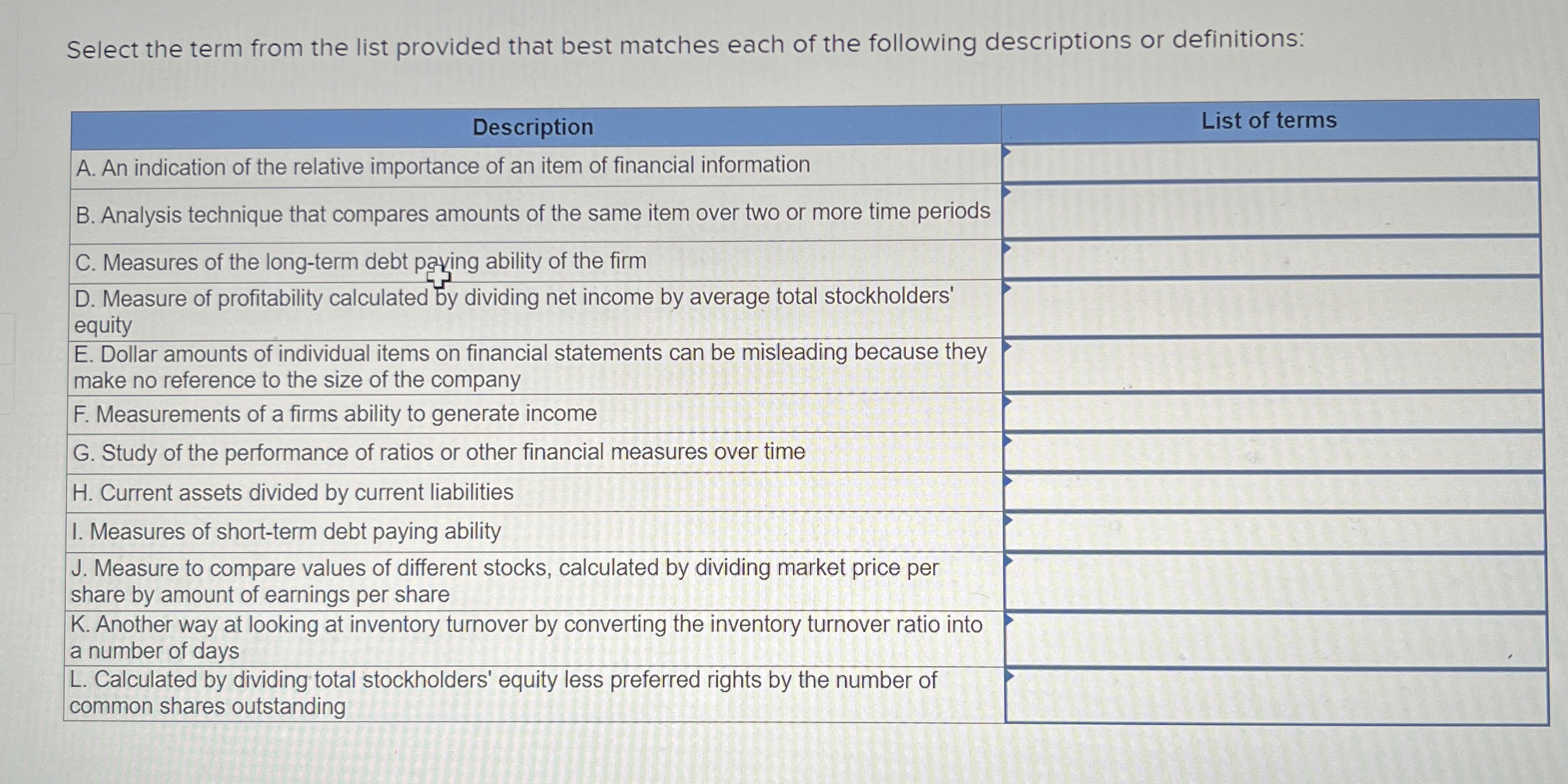  Select the term from the list provided that best matches each