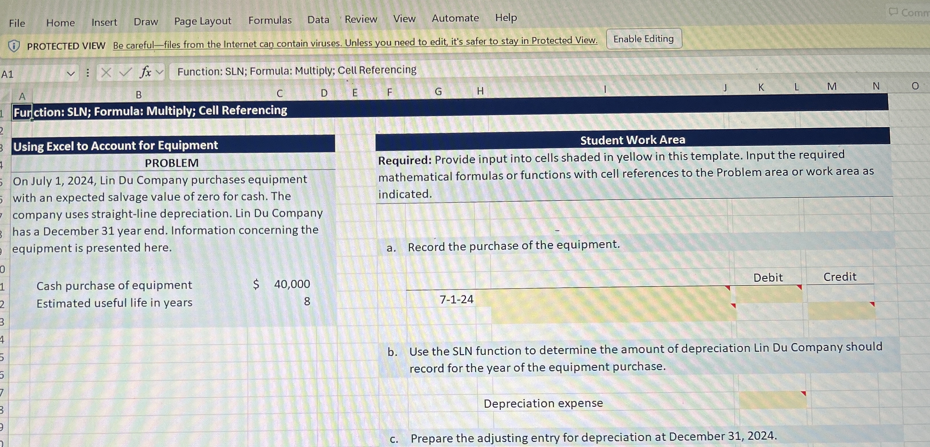  Using Excel to Account for Equipment PROBLEM On July 1,2024, Lin