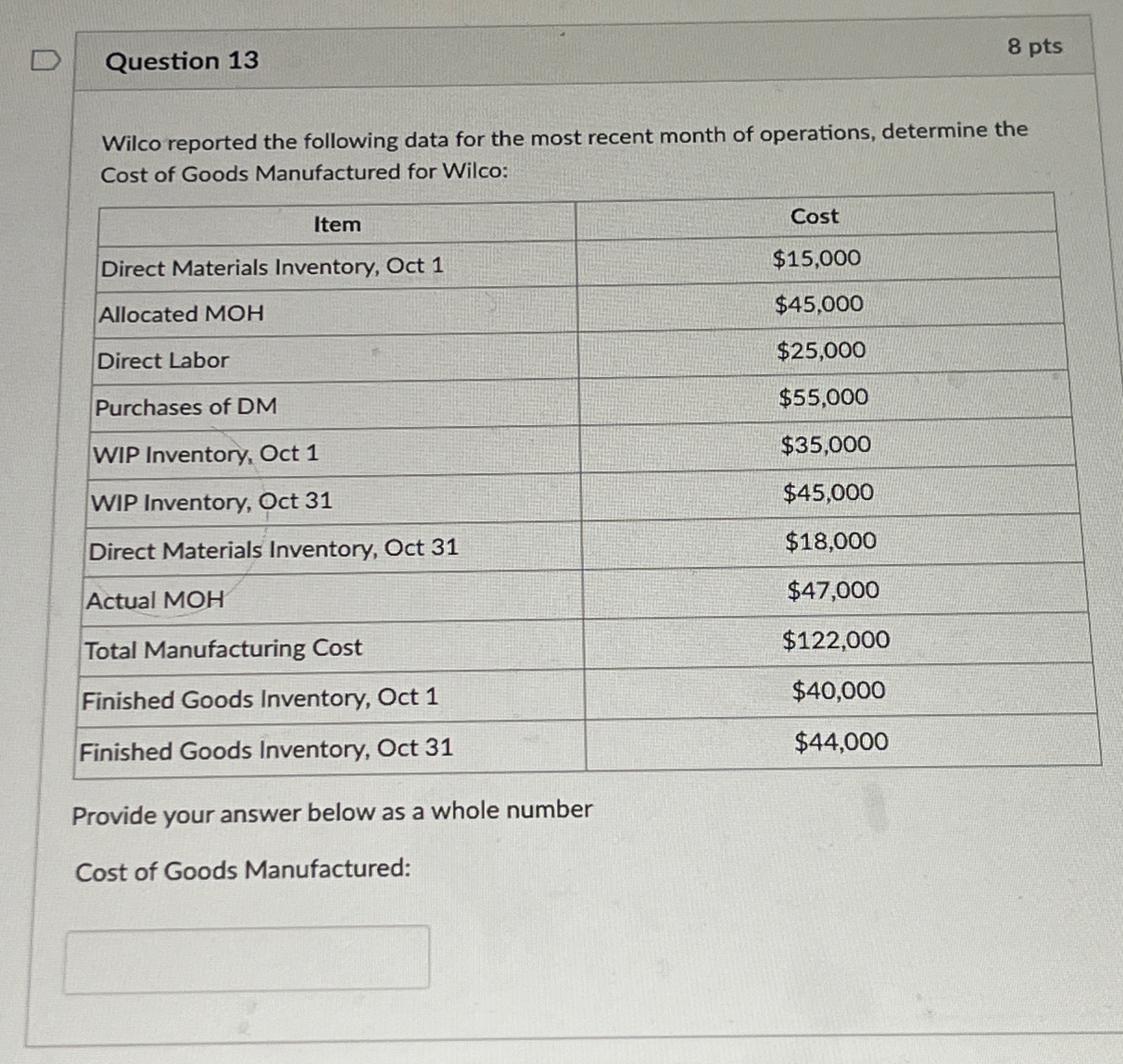  ANSWER ONLY Question 13 Wilco reported the following data for the
