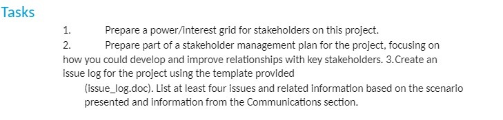  Tasks 1. Prepare a power/interest grid for stakeholders on this project.