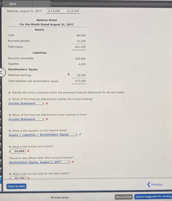 equity for the month ended Auqust 31, 20r7. If an amount box