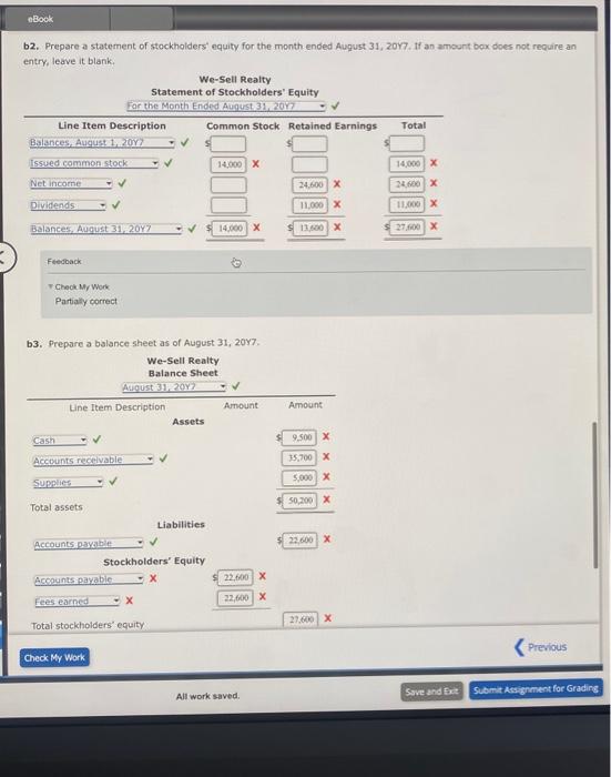 Work Partially correct b3. Prepare a balance sheet as of August 31,
