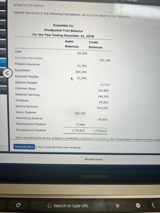  Errors in trial balance Identify the errors in the following trial