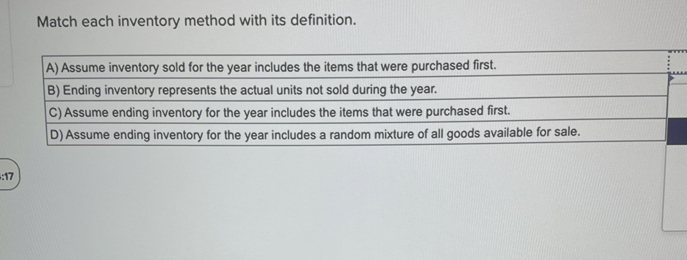  Match each inventory method with its definition. A) Assume inventory sold