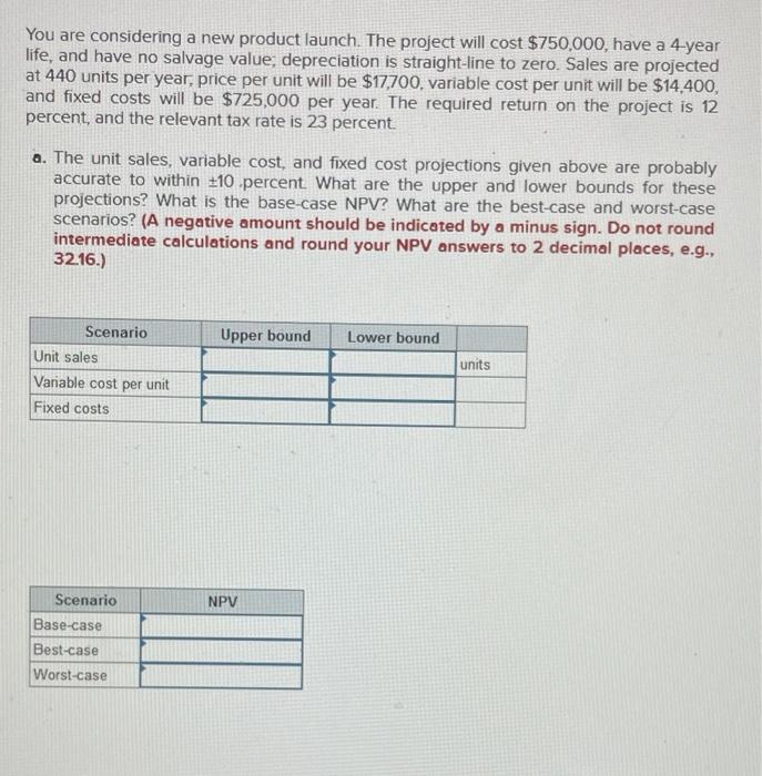 please help! You are considering a new product launch. The project will