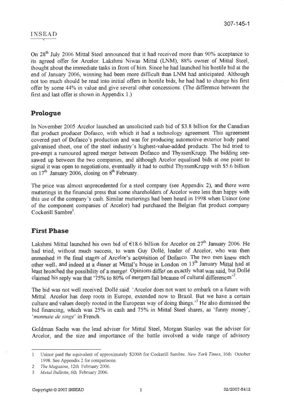 Arcelor-Mittal group? Please provide as much information as possible in detail. INSEAD