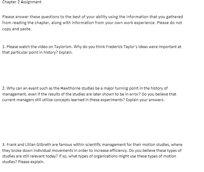 Chapter 2 Assignment Please answer these questions to the best of