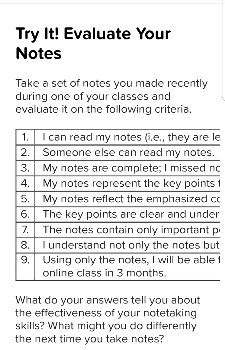 I need help with answering the question Try It! Evaluate Your Notes