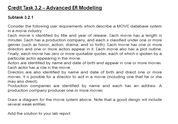  Credit Task 3.2 Advanced ER Modelling Subtask 3.2.1 Consider the following