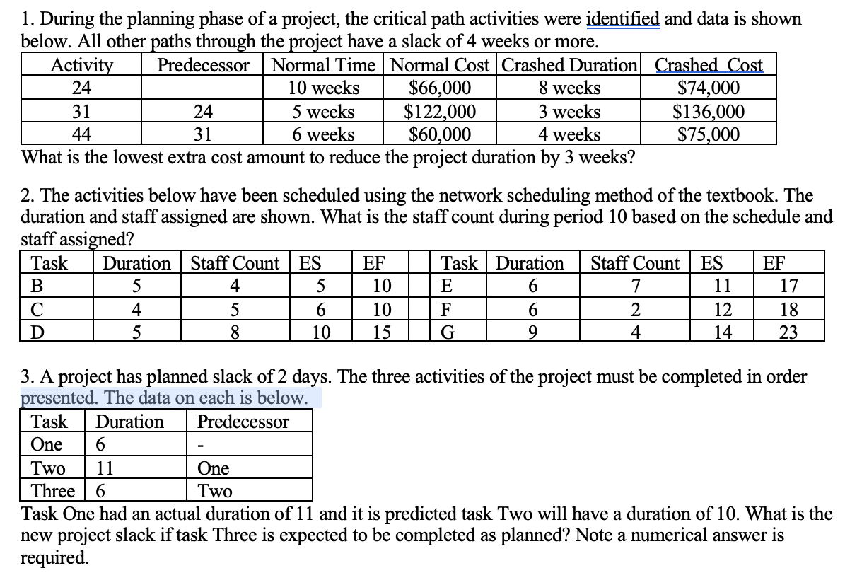 Please answer the three questions 1. During the planning phase of a