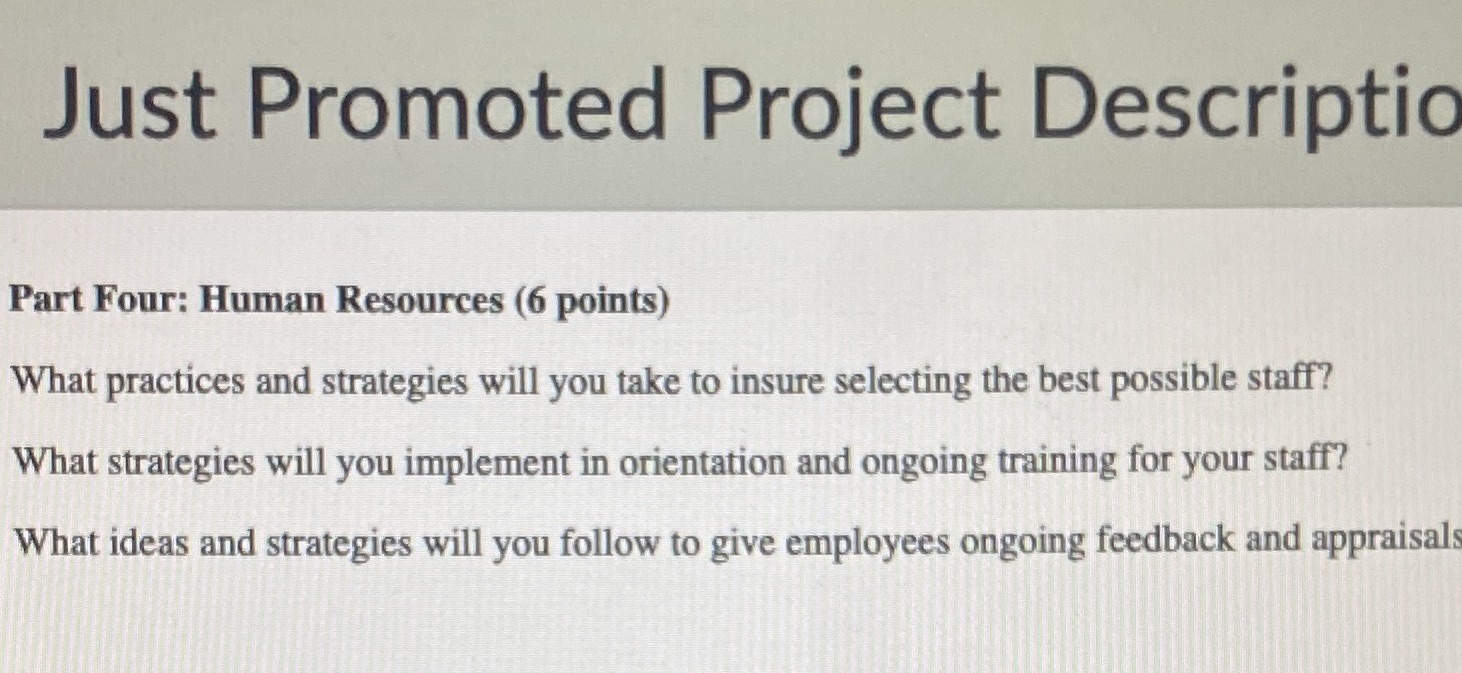 Just Promoted Project Descriptio Part Four: Human Resources (6 points) What