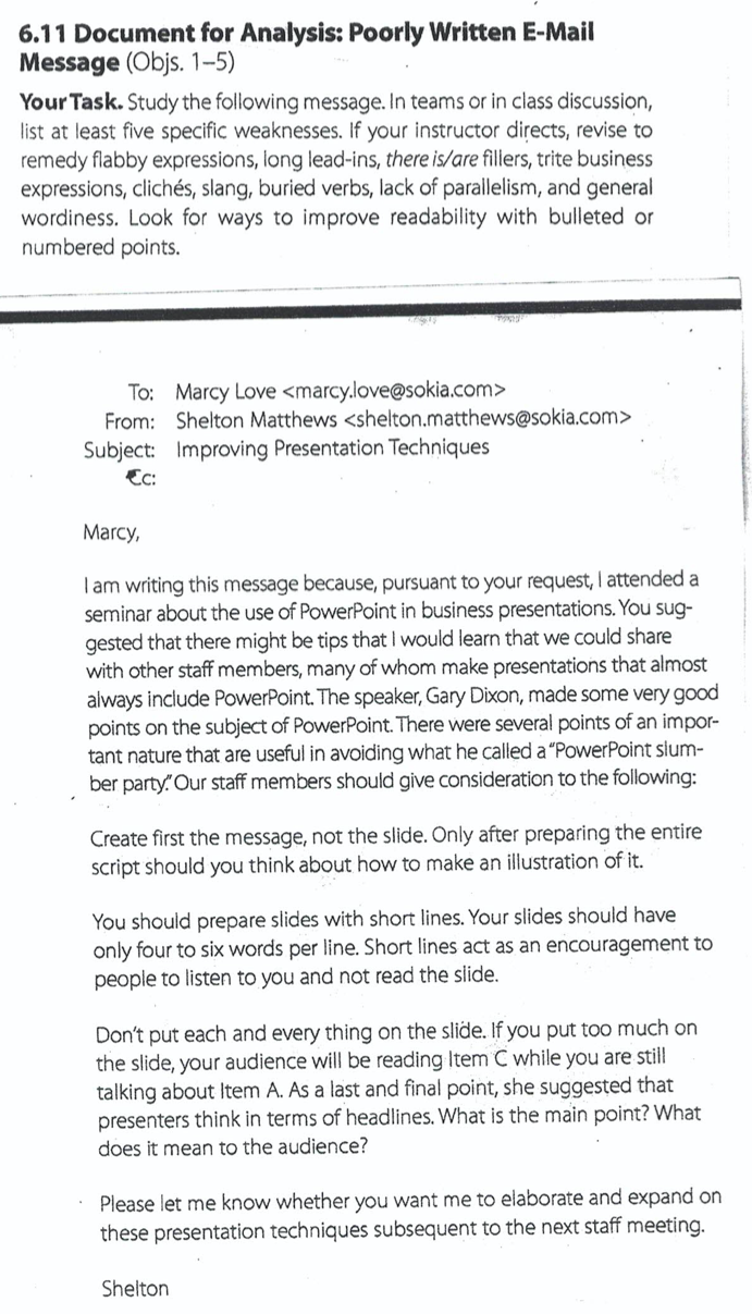  6.11 Document for Analysis: Poorly Written E-Mail Message (Objs. 1-5) Your